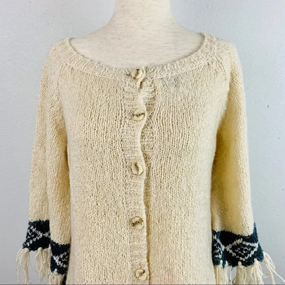 Vintage Fringe Knit Button Front Poncho Sweater
